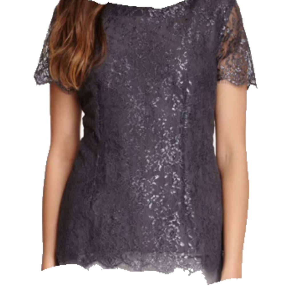 Velvet by Graham & Spencer Silver Metallic Lace Blouse Top M Lined Scallop Hem